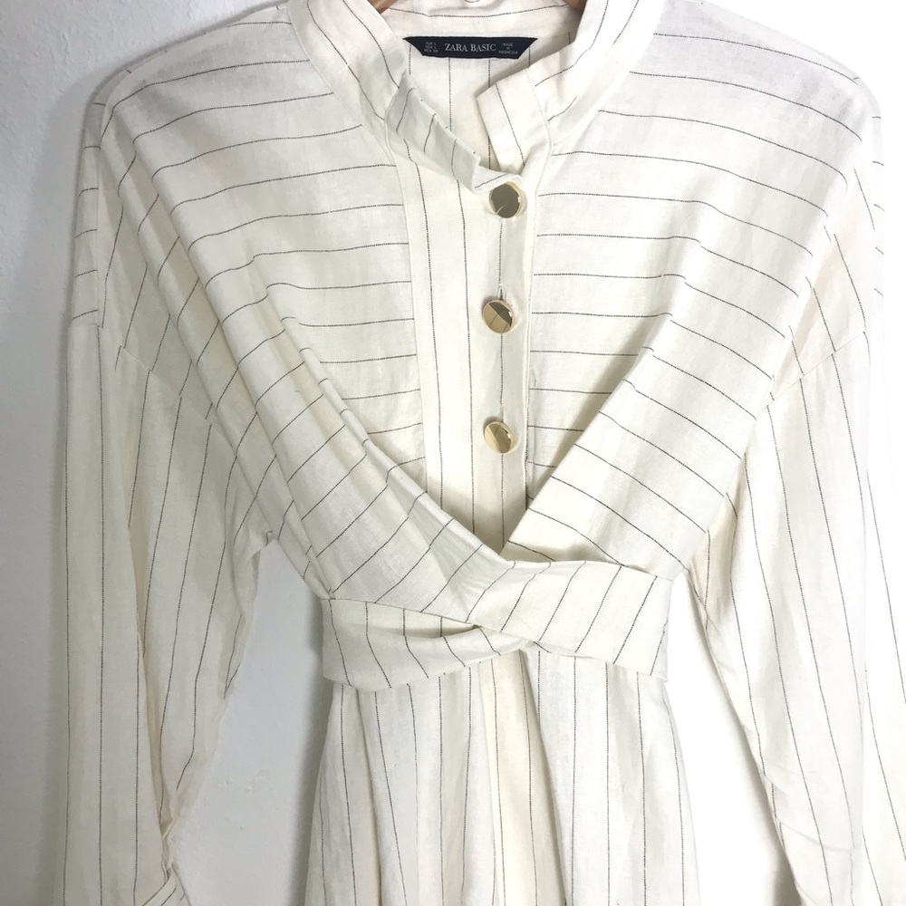 Zara Linen Shirt Dress - Midi Length - Cream with Stripes - Picture 4 of 7